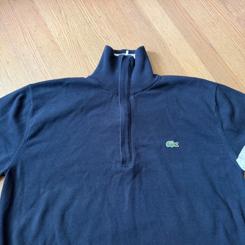 Lacoste Mens Navy Blue 100% Cotton Quarter Zip Stripe Sleeve Sweater Size xl 6 L - Picture 3 of 6